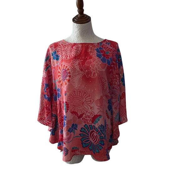 Bob Mackie Wearable Art sequin floral caftan top XS pink red blue dolman - Picture 1 of 13